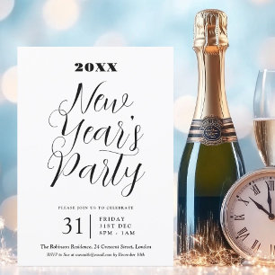 Invitación TIPO MODERNO Año nuevo Fiesta Blanco negro