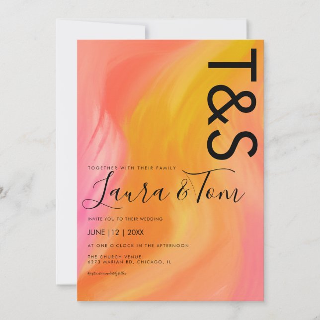 Invitación Tipografía abstracta de mármol naranja rosa Boda  (Anverso)