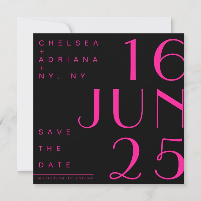 Invitación Tipografía Art Deco Rosa Negro Salva la fecha (Anverso)