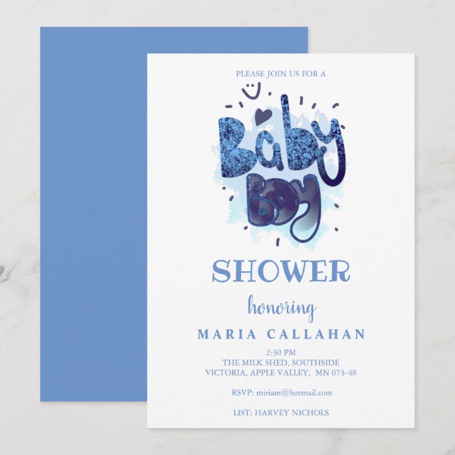Invitación Tipografía artística divertida ducha Blue Baby Boy (Anverso / Reverso)