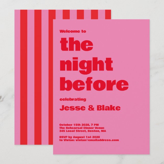 Invitación Tipografía audaz, bodas rosadas y rojas (Anverso / Reverso)