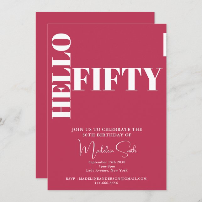 Invitación Tipografía audaz Magenta moderna 50 cumpleaños (Anverso / Reverso)
