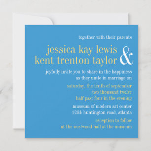 Invitación Tipografía azul cielo amarillo boda pareja moderna