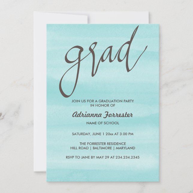 Invitación Tipografía azul del graduado de la acuarela (Anverso)