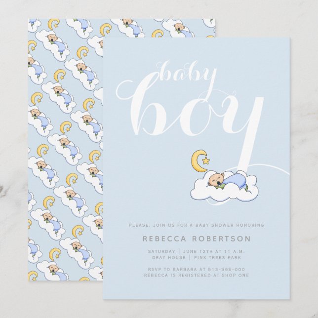 Invitación Tipografía azul pálido del niño que duerme (Anverso / Reverso)