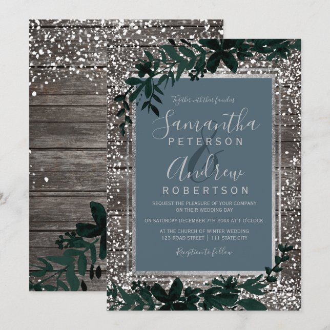Invitación Tipografía azul plateada boda de madera de nieve (Anverso / Reverso)
