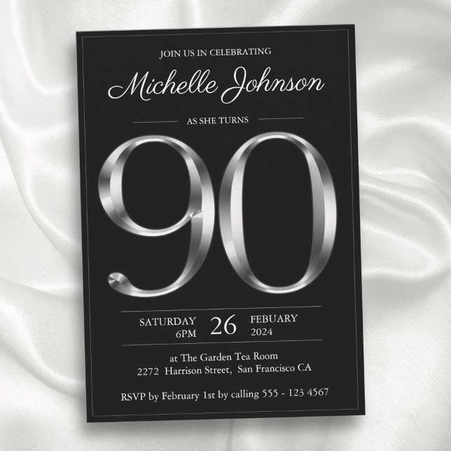 Invitación Tipografía Black and Silver 90 cumpleaños (Typography Black and Silver 90th Birthday Invitation)