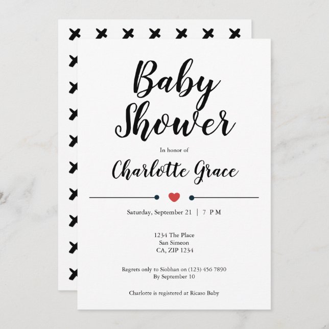 Invitación Tipografía Black White Baby Shower Hearts Kisses (Anverso / Reverso)