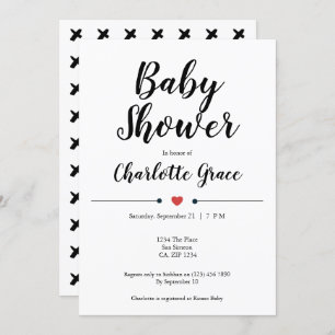 Invitación Tipografía Black White Baby Shower Hearts Kisses