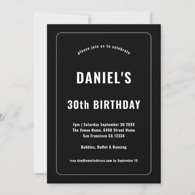 Invitación Tipografía blanca de borde negrita 30 cumpleaños n (Anverso)