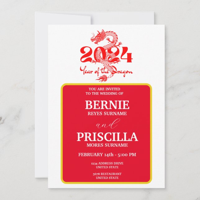 Invitación Tipografía Blanca Y Año Del Boda Dragón (Anverso)