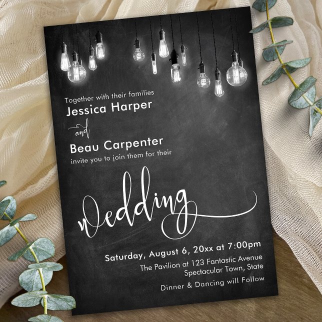 Invitación Tipografía boda, luces de Edison en el tablero (Subido por el creador)