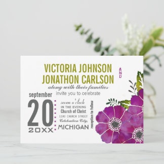 Invitación Tipografía Boda morado y floral verde de Kale