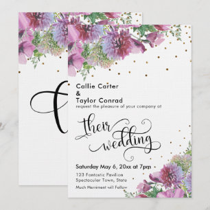 Invitación Tipografía Bodas Confeti Dorado Flores Silvestres