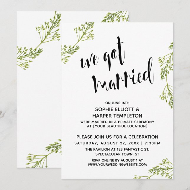 Invitación Tipografía Botánica Nos Casamos Post Boda (Anverso / Reverso)