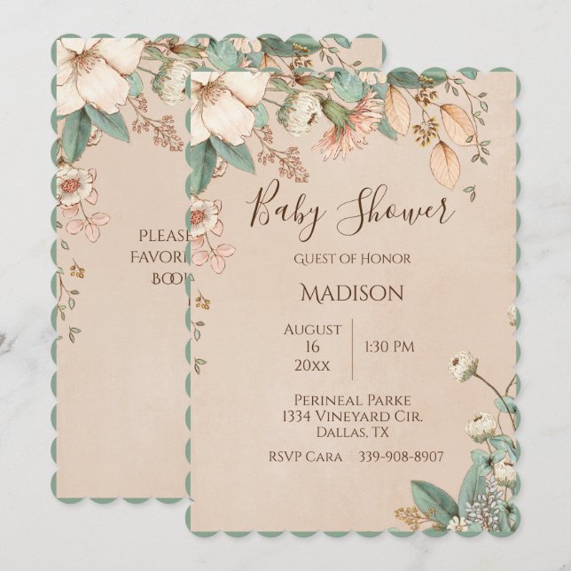 Invitación Tipografía con escritura floral de bonito Bebé mod (Anverso / Reverso)