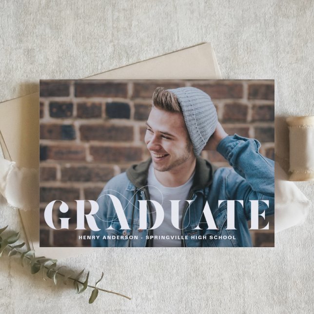 Invitación Tipografía con floritura moderna Foto Graduación (Customizable photo graduation invitation featuring modern typography. )