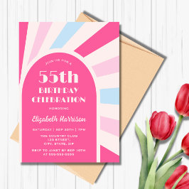 Invitación Tipografía de arco retro Sunburst Cumpleaños Rosa