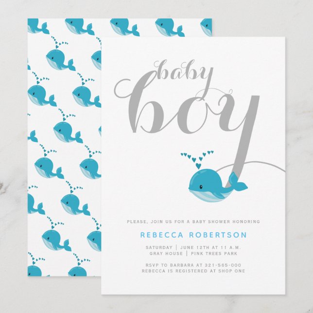 Invitación Tipografía de ballena azul lindo bebé ducha (Anverso / Reverso)