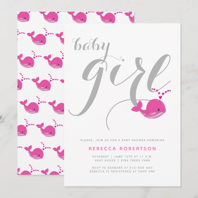 Invitación Tipografía de ballena rosada pequeña bebé ducha (Anverso / Reverso)