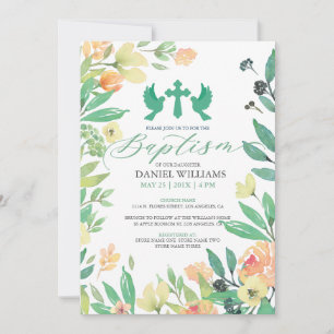 Invitación Tipografía de bautismo con marco de flores de vera