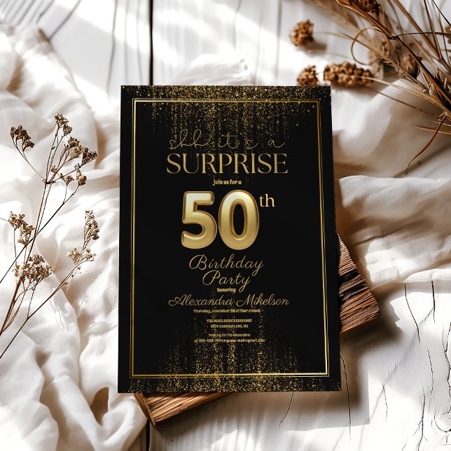 Invitación Tipografía de Black Gold Surprise 50° cumpleaños (Subido por el creador)