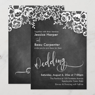 Invitación Tipografía de boda, encaje blanco sobre pizarra
