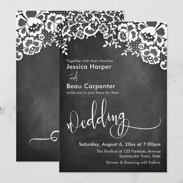 Invitación Tipografía de boda, encaje blanco sobre pizarra (Anverso / Reverso)