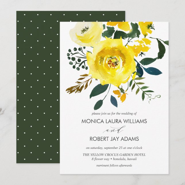 Invitación Tipografía de Boda floral amarillo vibrante (Anverso / Reverso)