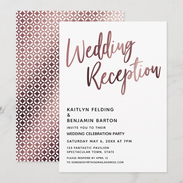 Invitación Tipografía de Boda Recepción Rosa Dorado (Anverso / Reverso)