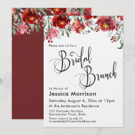Invitación Tipografía de Brunch nupcial Floral rojo borgoña