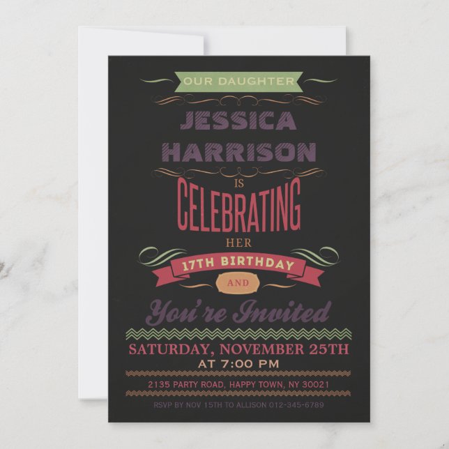 Invitación Tipografía de cartón pintado de cumpleaños 17 (Anverso)