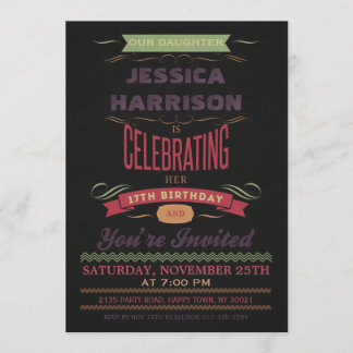 Invitación Tipografía de cartón pintado de cumpleaños 17