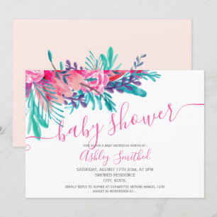 Invitación Tipografía de color rosa de agua floral, ducha de 