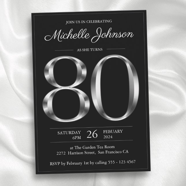 Invitación Tipografía de cumpleaños 80 negro y plateado (Typography Black and Silver 80th Birthday Invitation)
