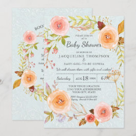 Invitación Tipografía de Damasco Azul y Rosa Floral Acuarela