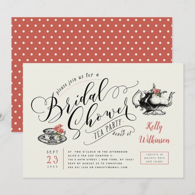 Invitación Tipografía de época | Cream Bridal Shower Tea Fies (Anverso / Reverso)