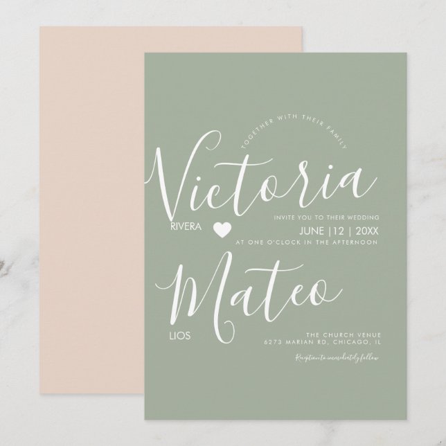 Invitación Tipografía de escritura Simple Heart Sage Boda  (Anverso / Reverso)