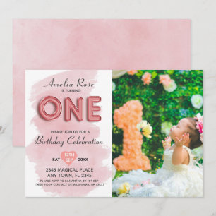 Invitación Tipografía de globo rosa para foto de niña en su 1