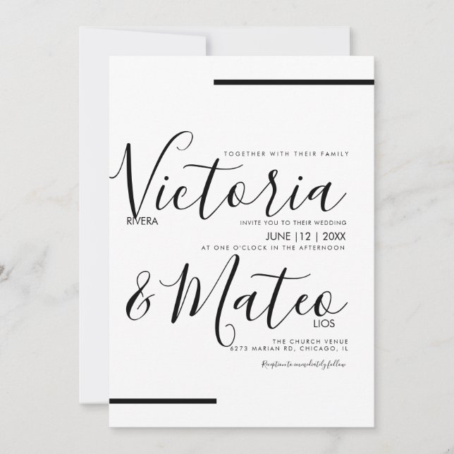 Invitación Tipografía de guión blanco negro línea boda (Anverso)