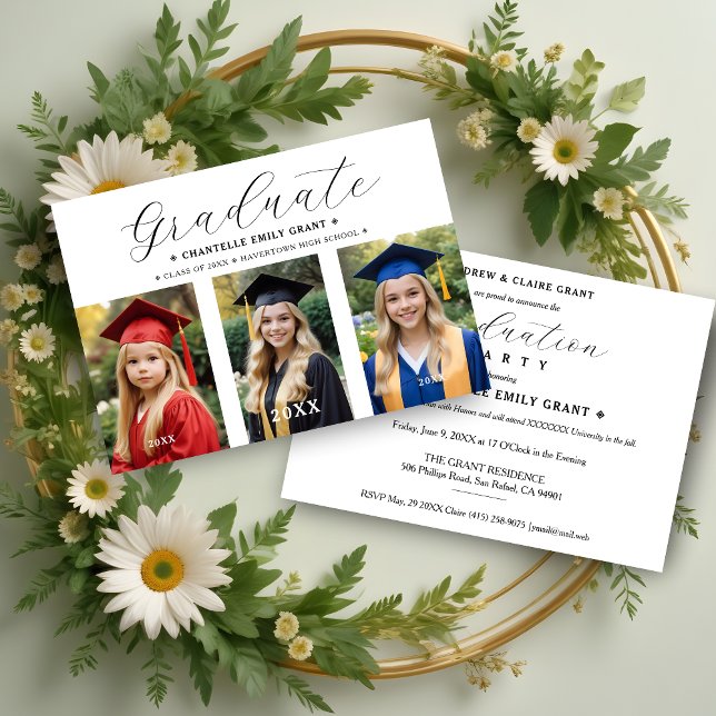 Invitación Tipografía De Guión Elegante 3 Fotos Cronología (Stylish Script Typography Collage 3 Photos Timeline Graduation Invitation Card. )