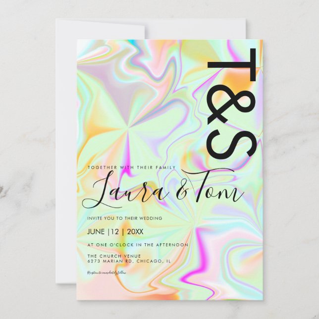Invitación Tipografía de guión rosa holográfico falso  (Anverso)