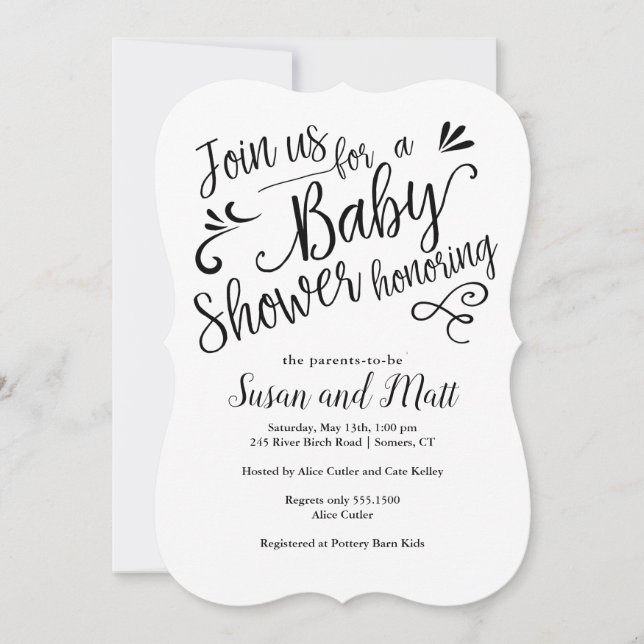 Invitación Tipografía de guiones de Baby Shower a mano (Anverso)