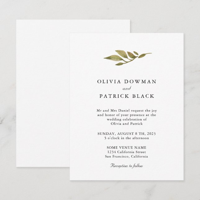 Invitación Tipografía de hojas verdes Boda simple clásico (Anverso / Reverso)
