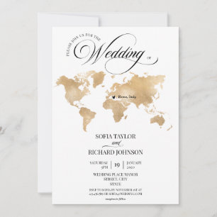 Invitación Tipografía de Mapa Mundial Dorado Destino de Boda