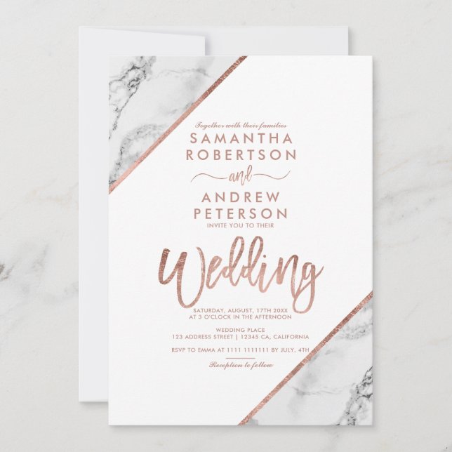 Invitación Tipografía de mármol Rosa boda blanco (Anverso)