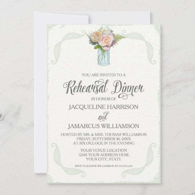 Invitación Típografía de Mason Jar, Rosa de cena de ensayo (Anverso)