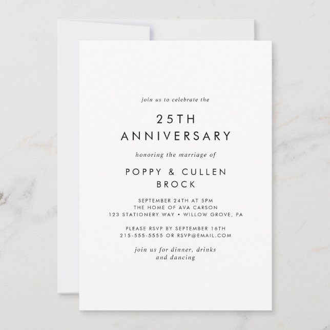 Invitación Tipografía de moda 25º aniversario del Boda (Anverso)