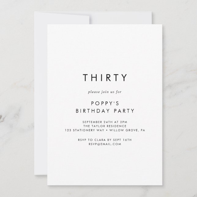 Invitación Tipografía de moda 30.º Fiesta de cumpleaños (Anverso)