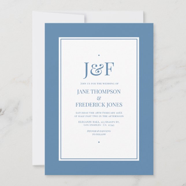 Invitación Tipografía de moda boda azul polvoriento (Anverso)
